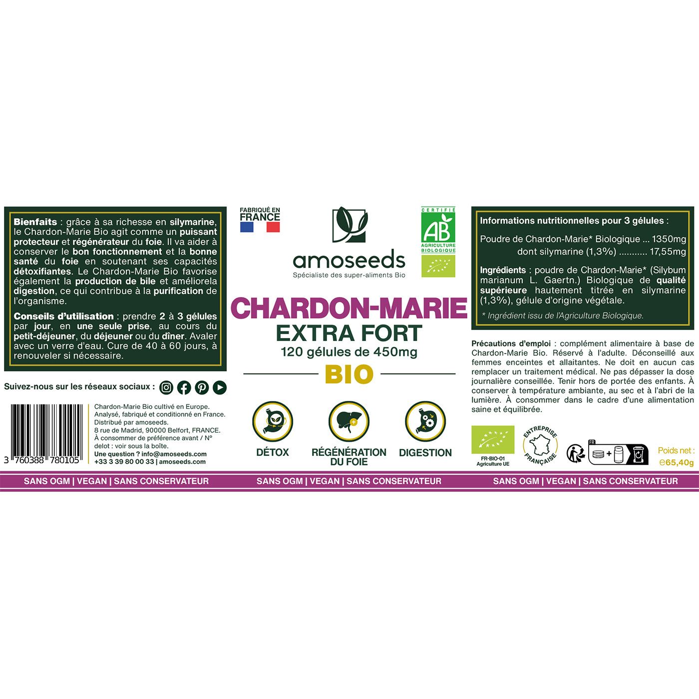 Étiquette avec informations produit. amoseeds CHARDON-MARIE EXTRA FORT BIO. 120 gélules.