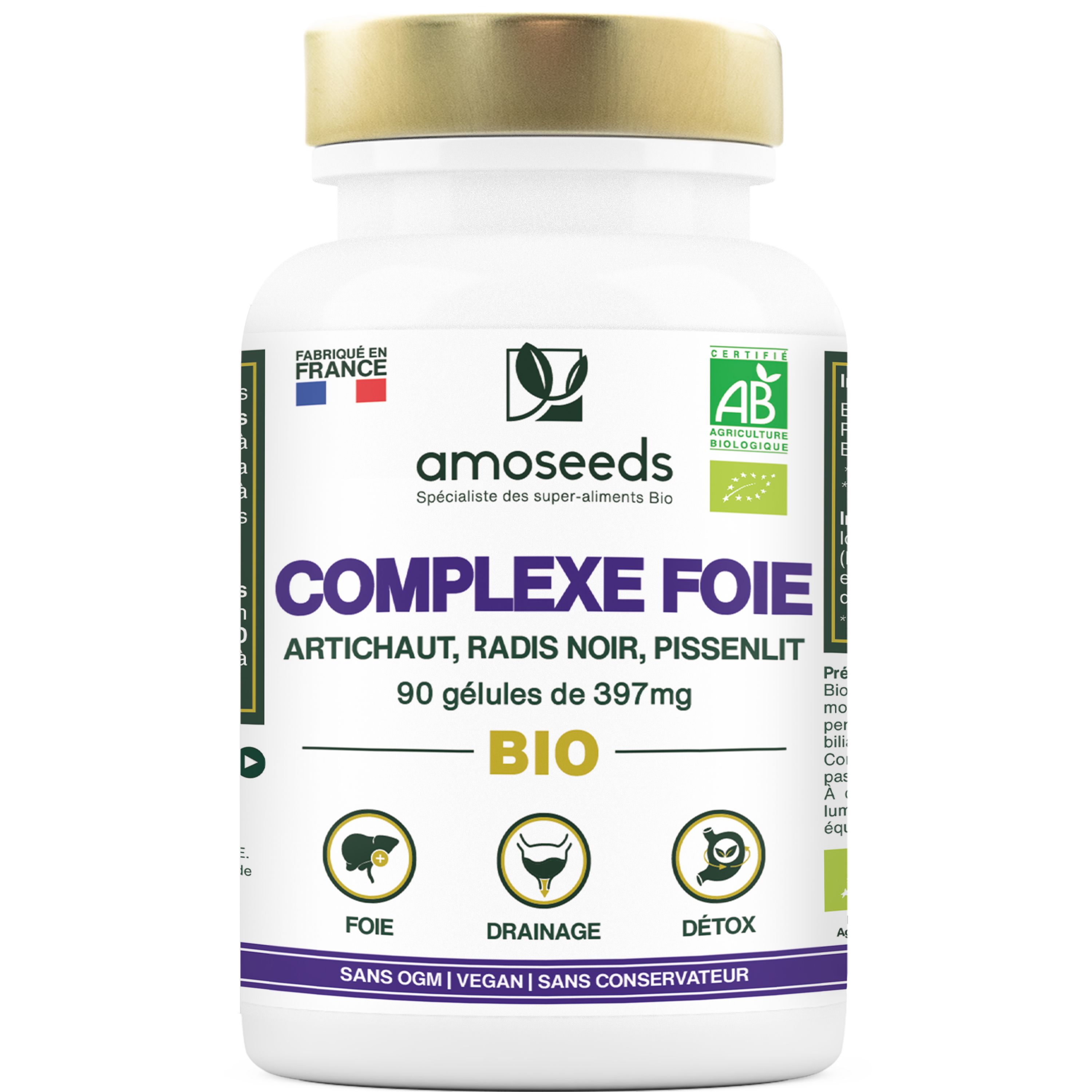 Flacon blanc avec gélules. Inscription: COMPLEXE FOIE BIO. Labels: AB Bio. Fabriqué en France.