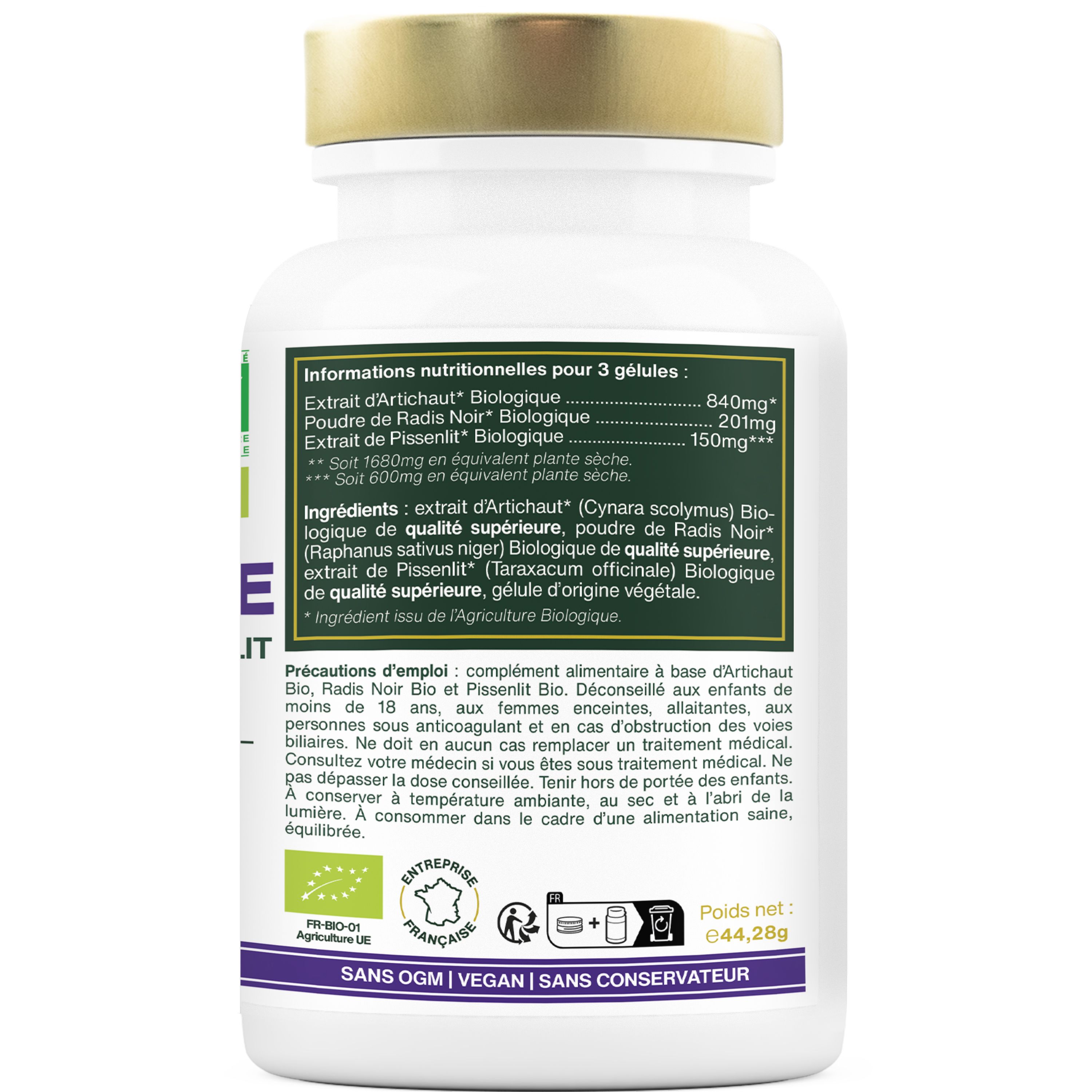 Dos du flacon. Informations nutritionnelles. Précautions. Labels: AB Bio. Fabriqué en France.