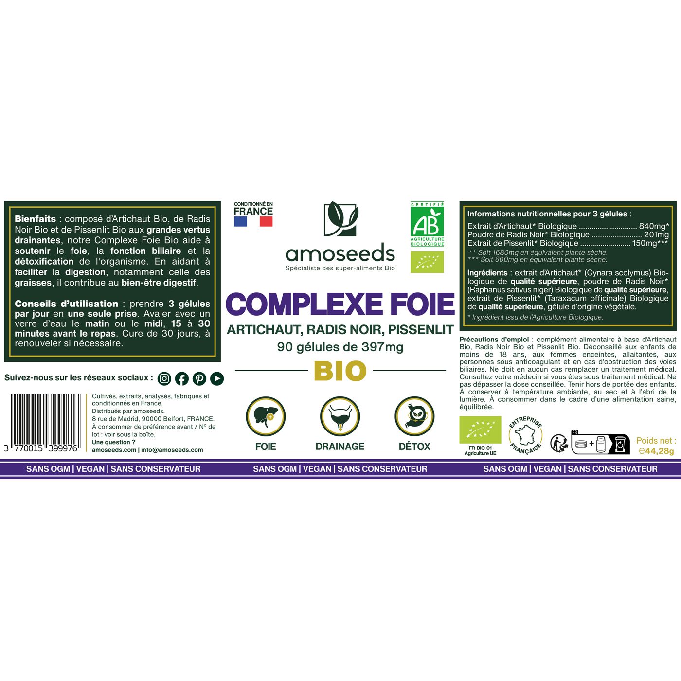 Étiquette avec informations produit. COMPLEXE FOIE BIO. Logos: AB Bio, France. 90 gélules.