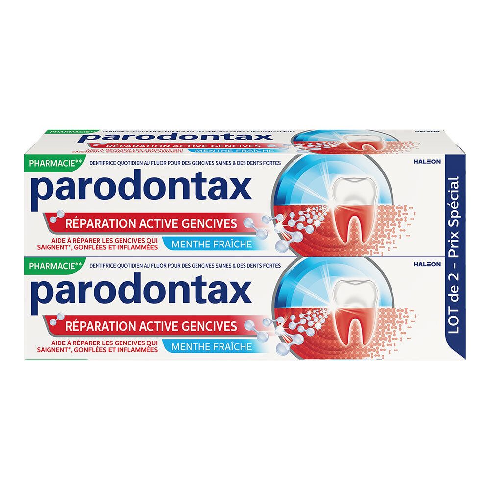 Boîte contenant deux tubes de dentifrice parodontax. Inscription: Réparation Active Gencives, Menthe Fraîche.  "Lot de 2 - Prix Spécial".