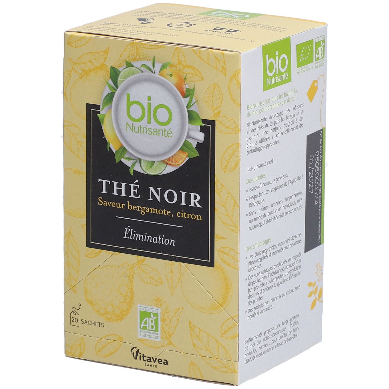 Gelbe Kartonverpackung mit Aufdruck. "Thé Noir" mit Bergamotte- und Zitronengeschmack. 20 Beutel. Bio-Siegel.