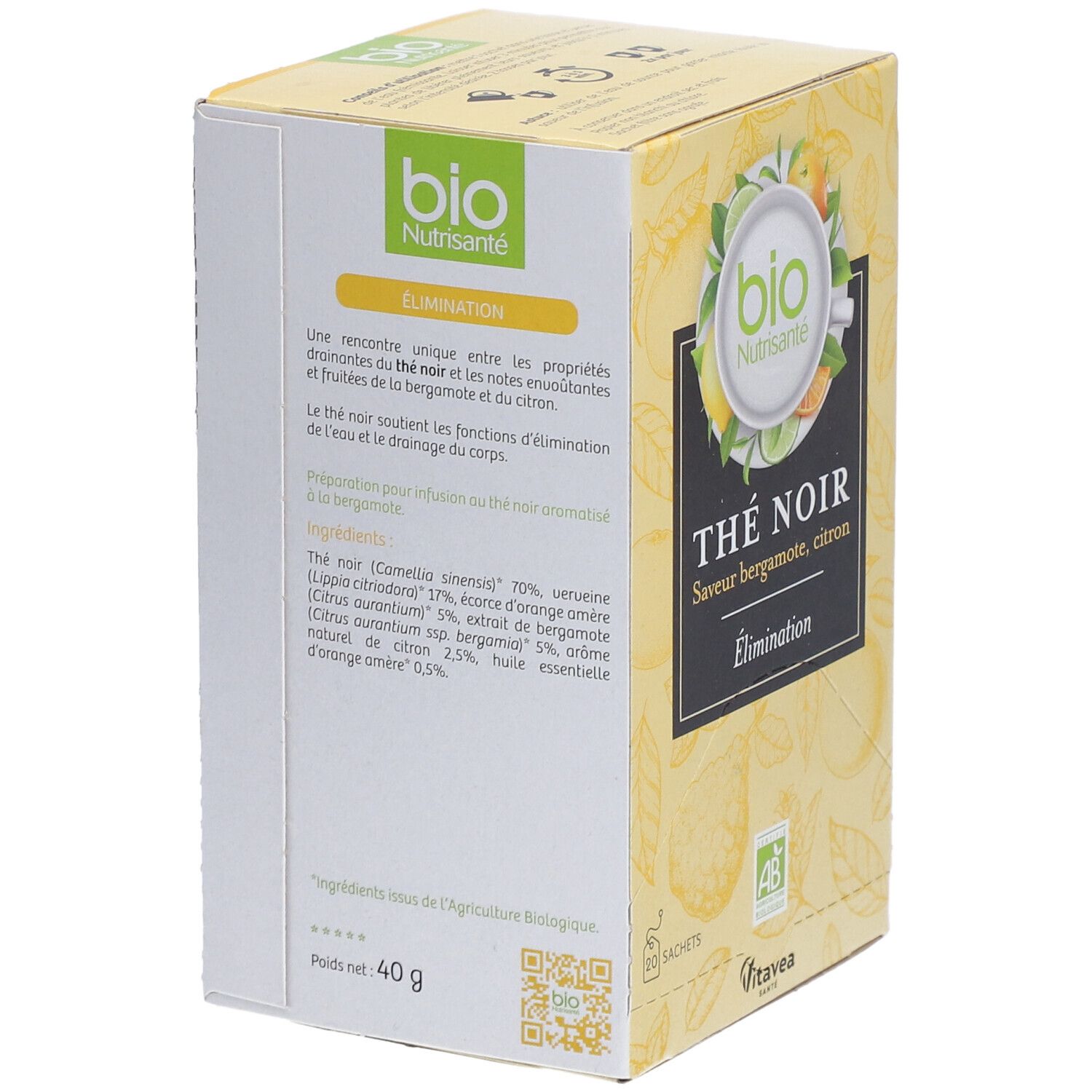 Gelbe Kartonverpackung. "Thé Noir" mit Bergamotte- und Zitronengeschmack. Zutatenliste. Bio-Siegel.