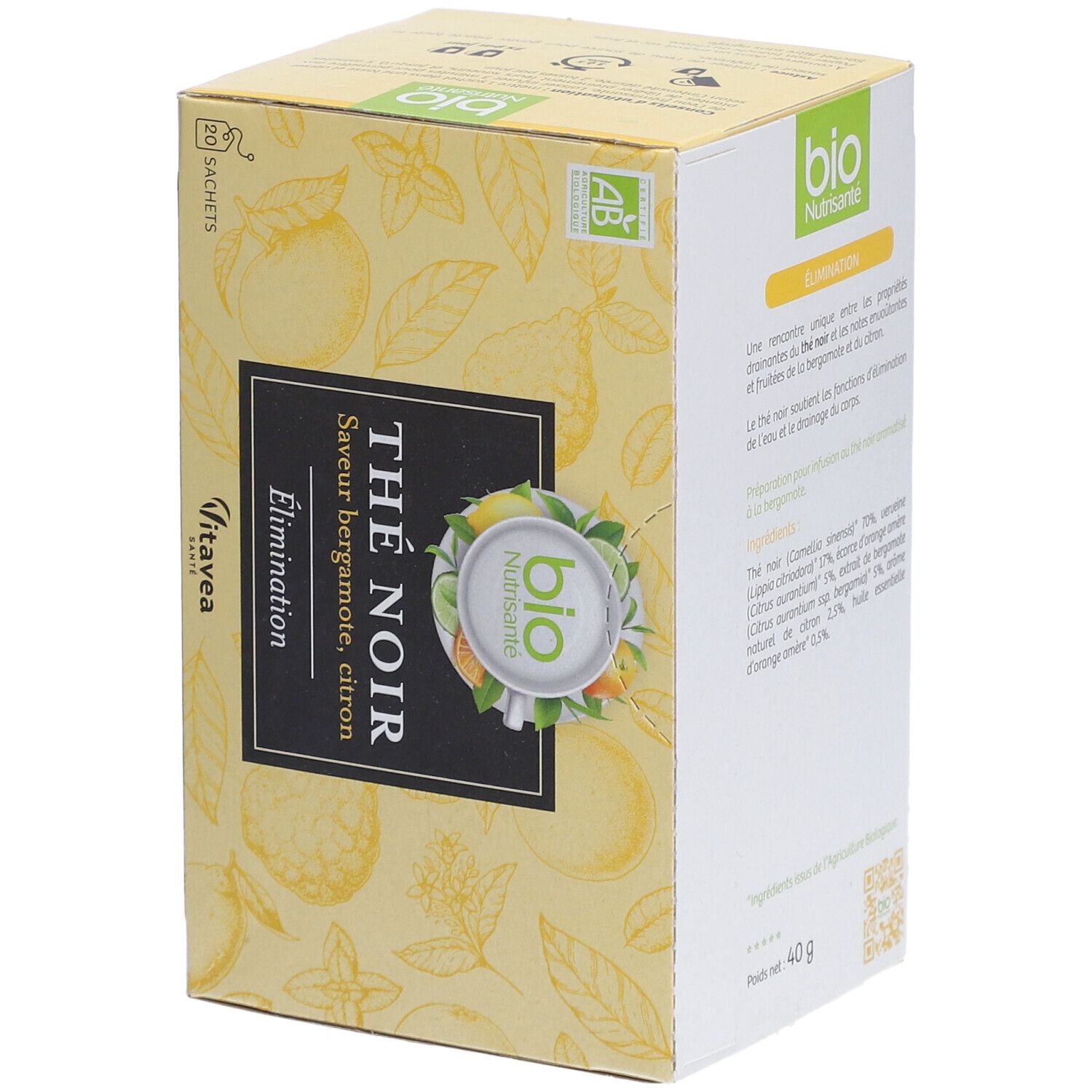 Gelbe Kartonverpackung. "Thé Noir" mit Bergamotte- und Zitronengeschmack. Zutatenliste. Bio-Siegel.