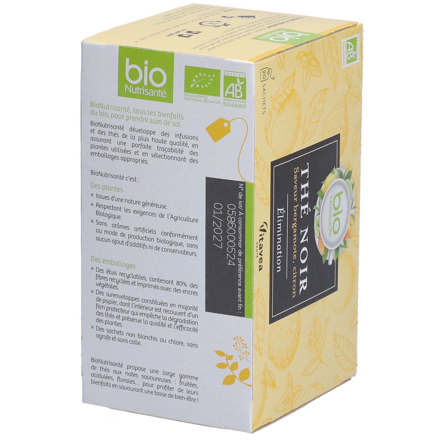 Gelbe Kartonverpackung. "Thé Noir" mit Bergamotte- und Zitronengeschmack. Bio-Siegel. Haltbarkeitsdatum.