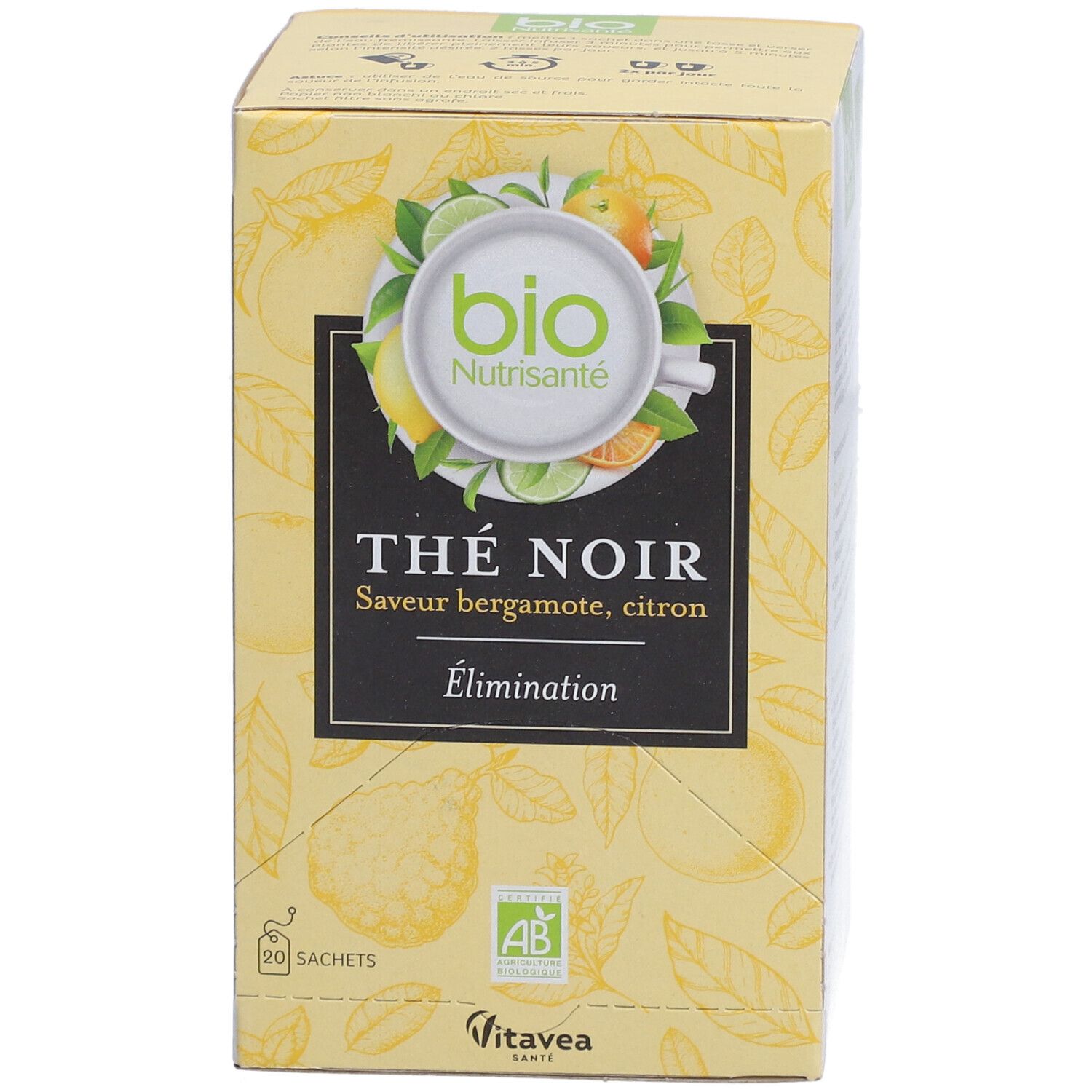 Gelbe Kartonverpackung. "Thé Noir" mit Bergamotte- und Zitronengeschmack. 20 Beutel. Bio-Siegel.