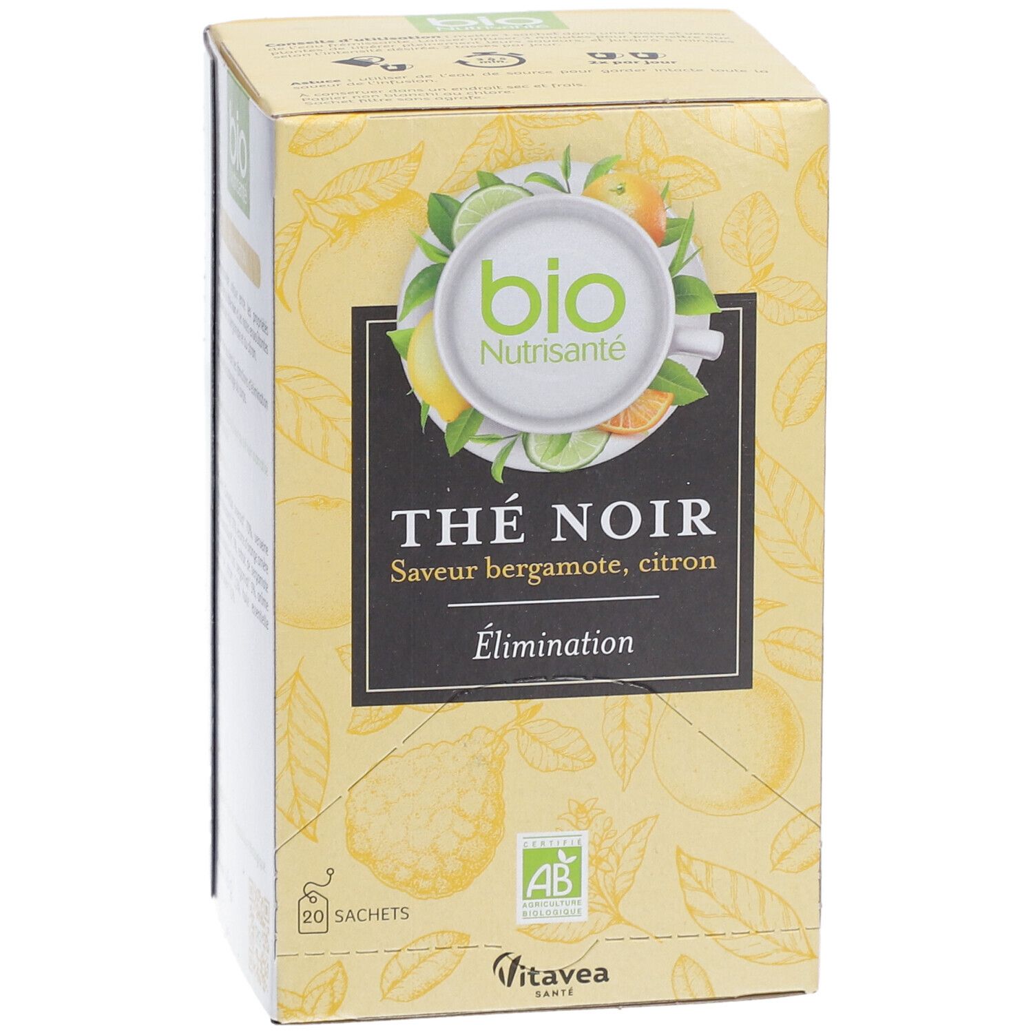 Gelbe Kartonverpackung. "Thé Noir" mit Bergamotte- und Zitronengeschmack. 20 Beutel. Bio-Siegel.