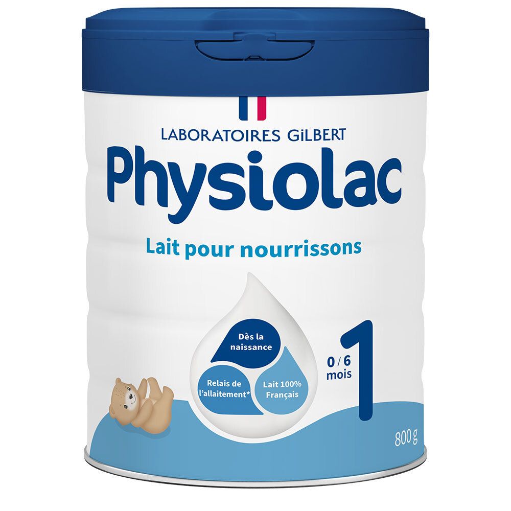 Boîte de lait en poudre Physiolac 1. Boîte bleu et blanche avec logo et nom. 800g. Pour nourrissons dès la naissance.