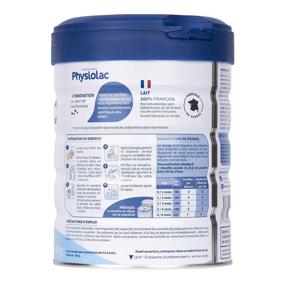 Dos de la boîte de lait en poudre Physiolac 1. Informations de préparation et de dosage. Drapeau français.
