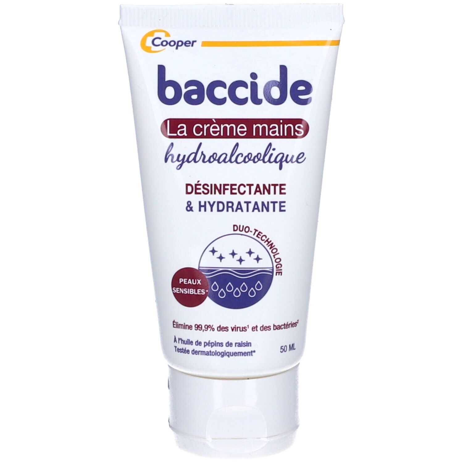 Tube blanc avec texte bleu "baccide". Inscription "hydroalcoolique" et "Désinfectante & hydratante". Logo Cooper en haut.