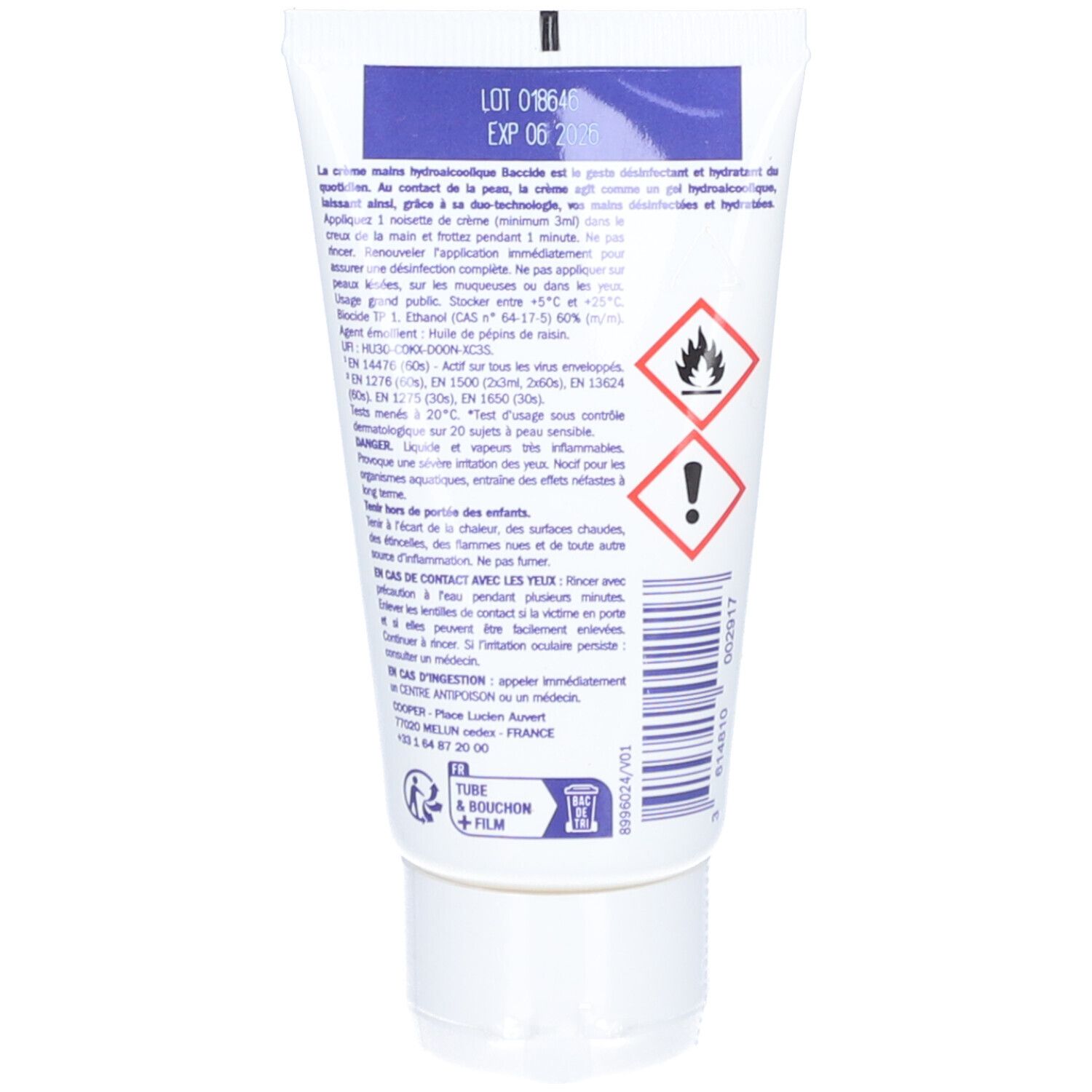 Dos du tube. Texte multilingue. Pictogrammes d'avertissement. Informations du fabricant et date d'expiration.