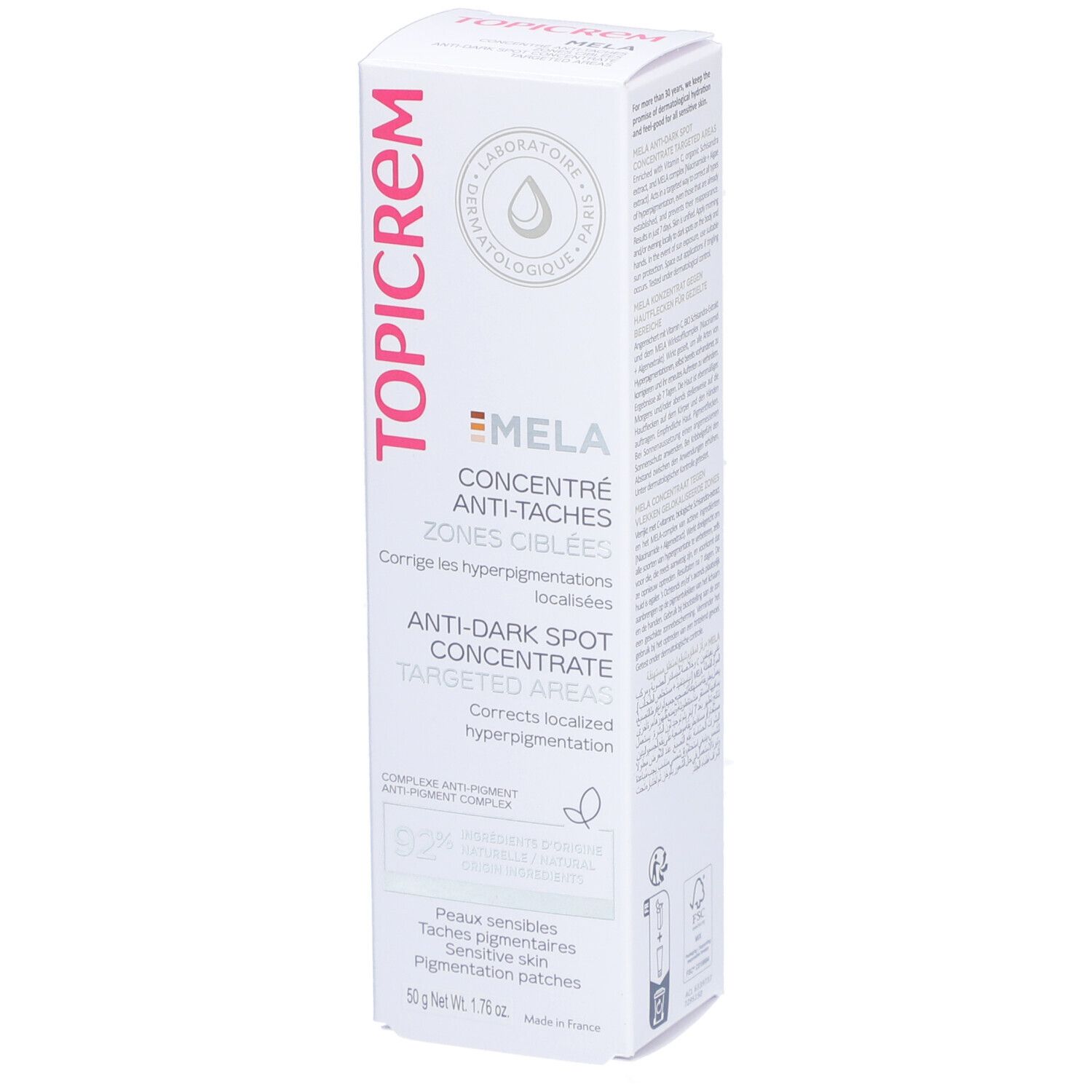Topicrem Mela Konzentrat. Weiße Schachtel mit Produktinformationen. Text in Französisch und Englisch. Logo und Produktname deutlich sichtbar.