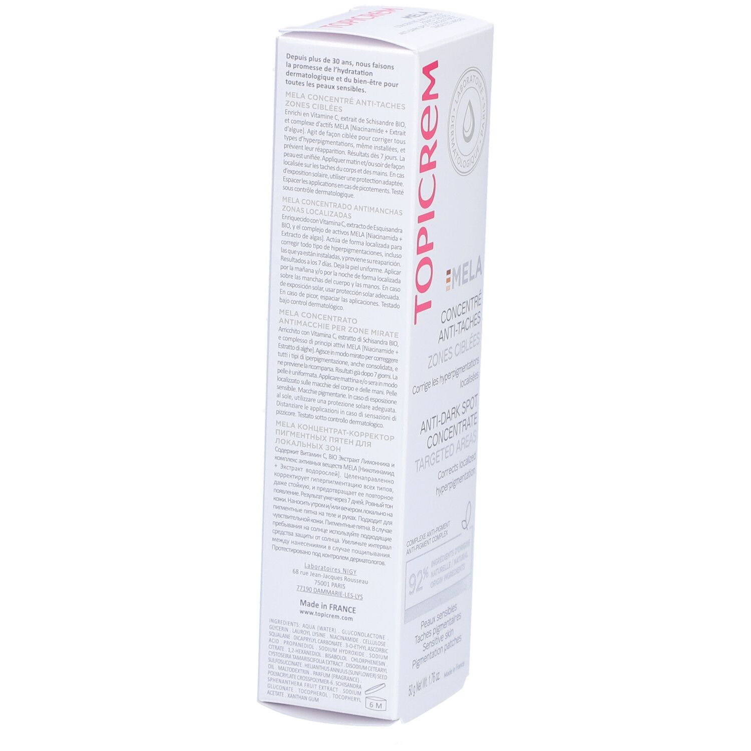 Topicrem Mela-Verpackung. Rückseite mit Text in mehreren Sprachen. Produktname und Logo sichtbar. Enthält Informationen zum Produkt.