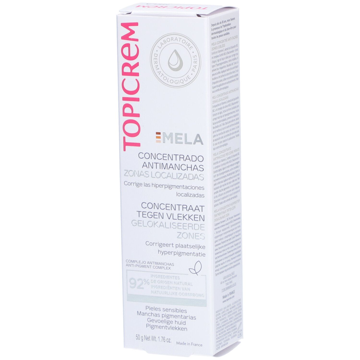 Topicrem Mela-Verpackung. Produktname und Logo sichtbar. Text in mehreren Sprachen. Konzentrat gegen Pigmentflecken.