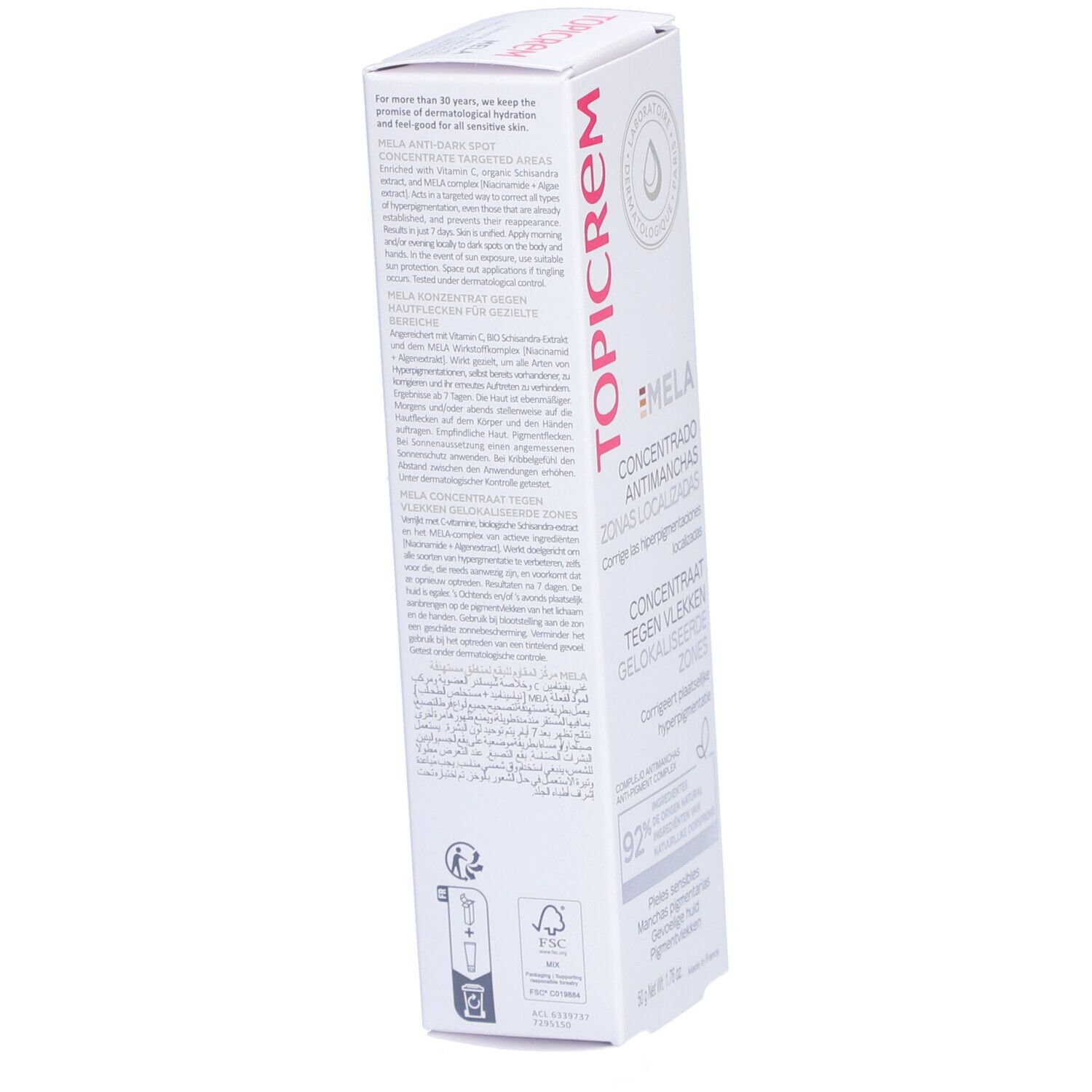 Topicrem Mela-Verpackung. Rückseite mit Text in mehreren Sprachen. Produktname und Logo sichtbar. Informationen zum Produkt.