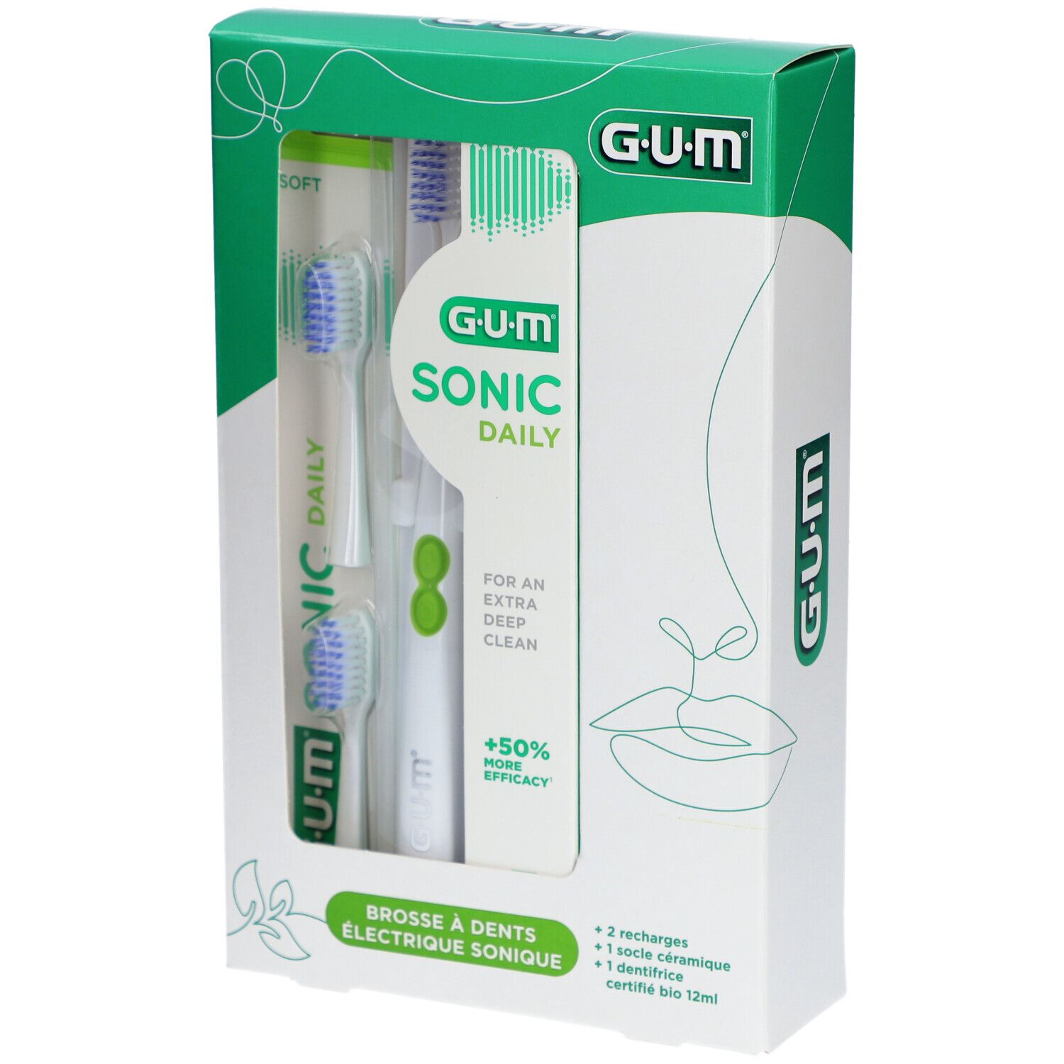 Set GUM Sonic Daily. Contient brosse à dents électrique, 2 recharges, socle et dentifrice. Emballage avec image du produit.