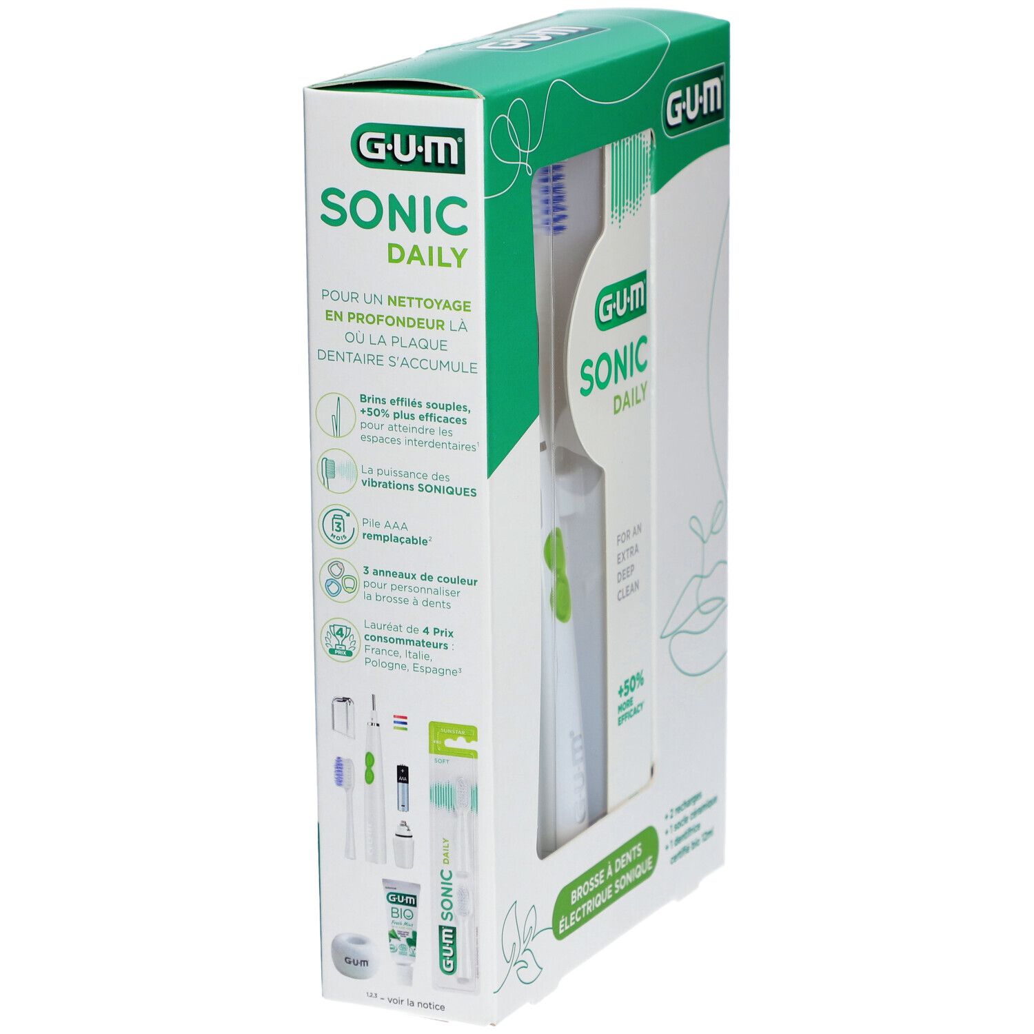 Set GUM Sonic Daily. Emballage avec image et texte. Contient brosse à dents électrique et accessoires.