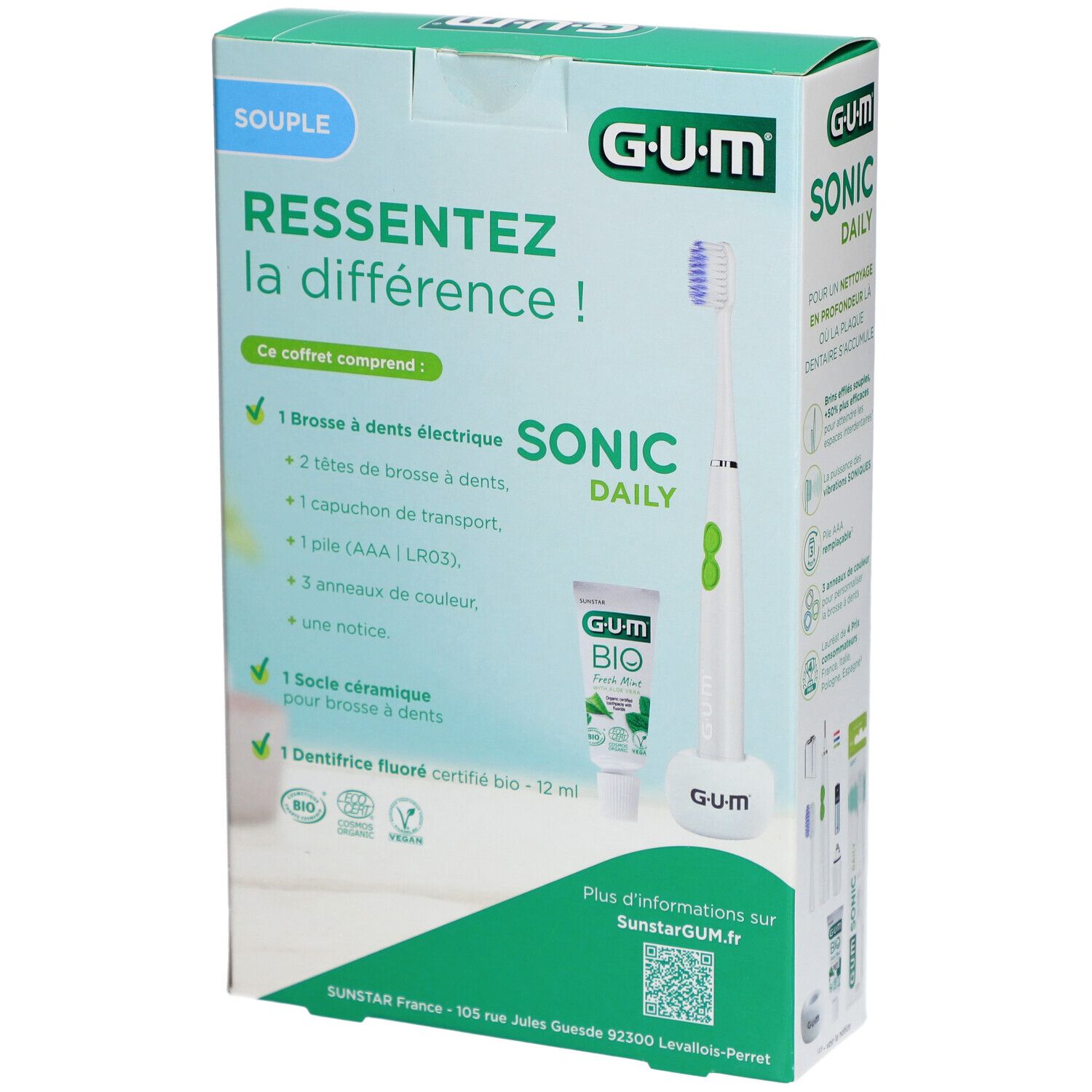 Set GUM Sonic Daily. Emballage avec image et texte. Contient brosse à dents électrique, accessoires et dentifrice.