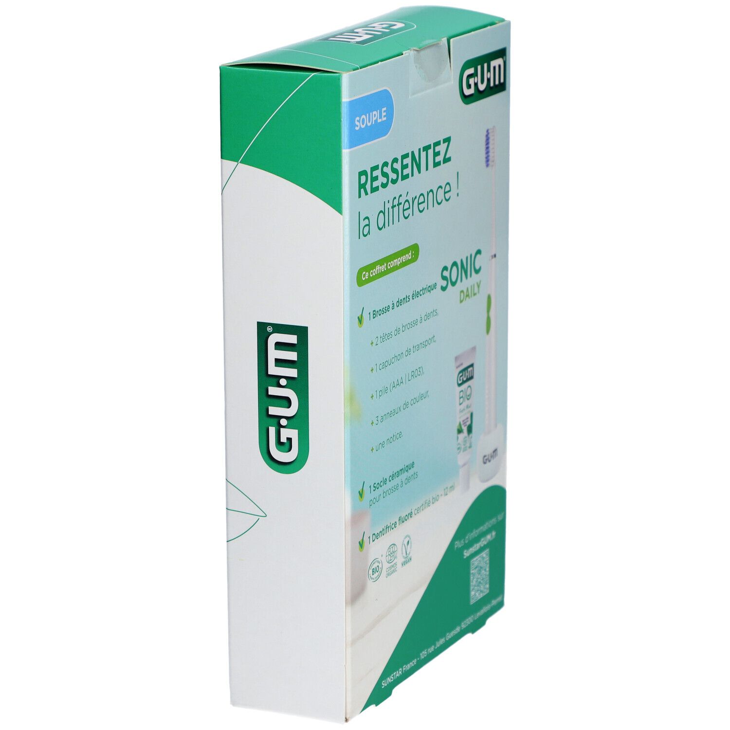 Set GUM Sonic Daily. Emballage avec image et texte. Contient brosse à dents électrique et accessoires.