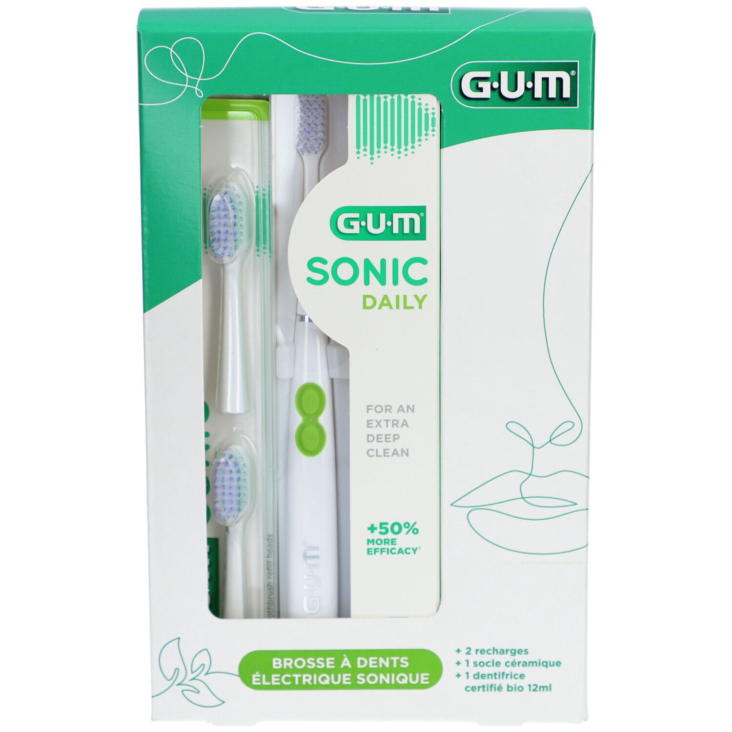 Set GUM Sonic Daily. Contient brosse à dents électrique, 2 recharges, socle et dentifrice. Emballage avec image du produit.
