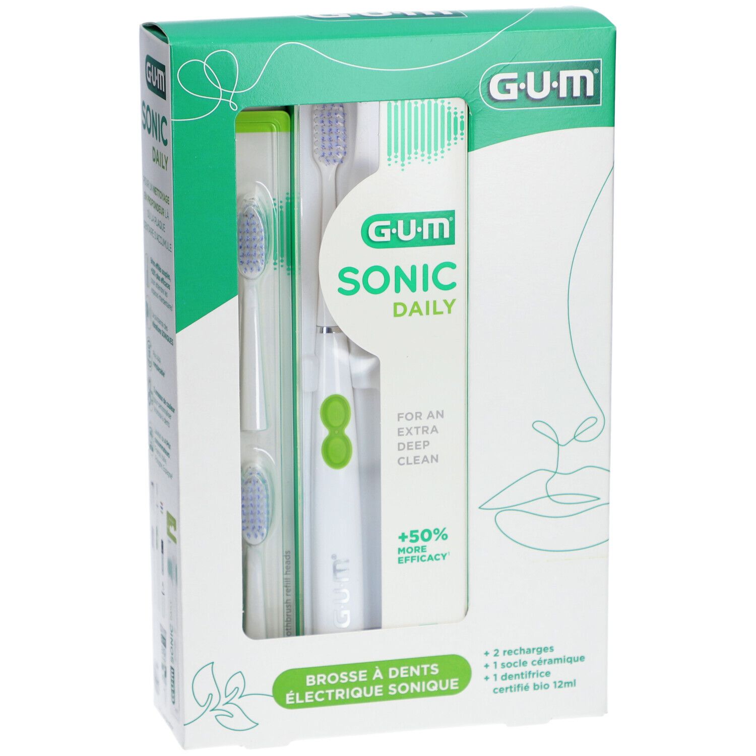 Set GUM Sonic Daily. Contient brosse à dents électrique, 2 recharges, socle et dentifrice. Emballage avec image du produit.