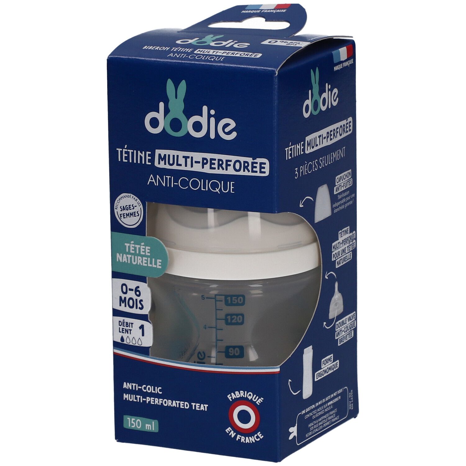 Dodie Biberon Tétine Multi-Perforée Anti-Colique Bleu +0 150 ML