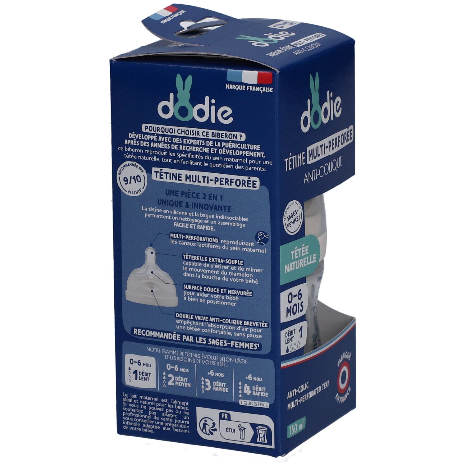 Rückseite der Dodie Babyflaschenverpackung. Text mit Produktinformationen, Illustrationen und Empfehlungen.