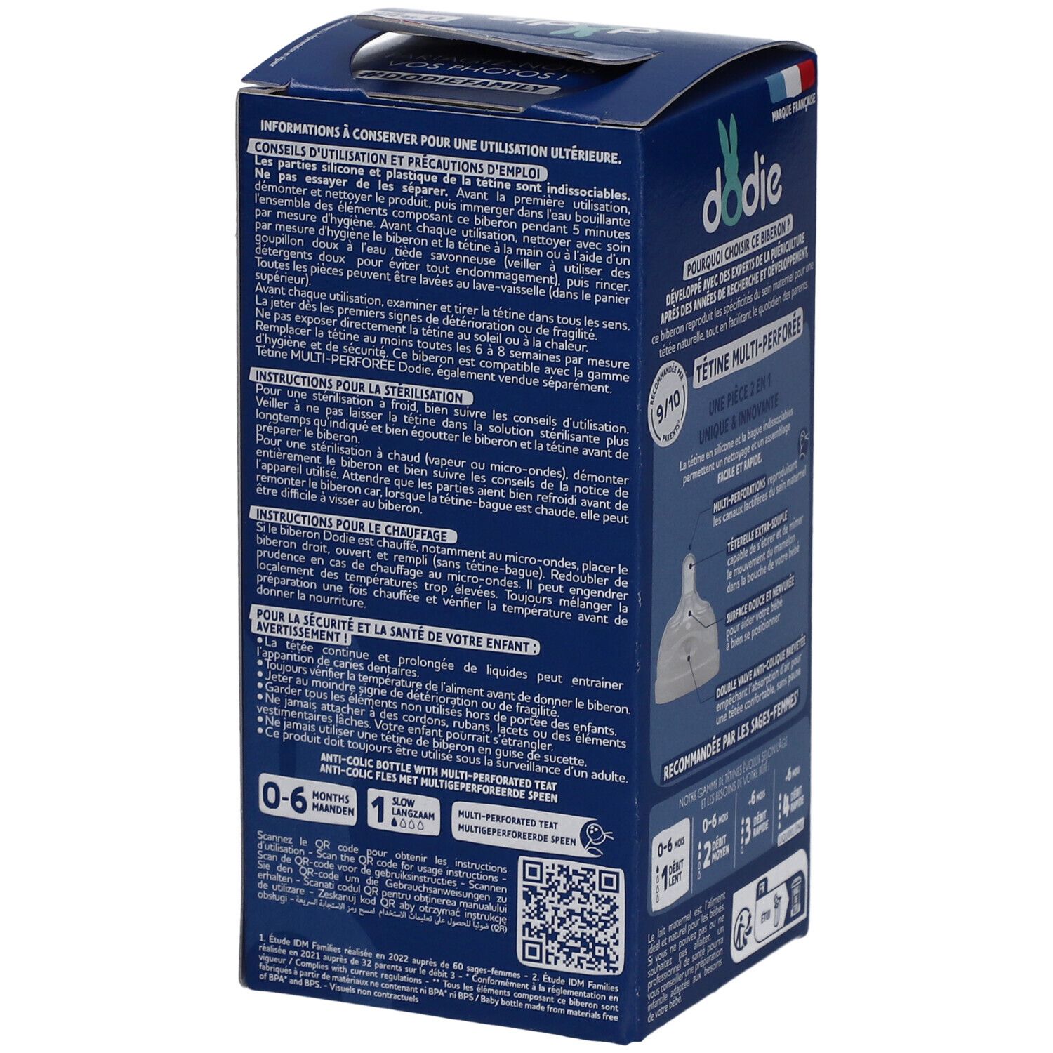 Verpackung der Dodie Babyflasche mit Produktinformationen und Anweisungen zur Sterilisation und Erhitzung.