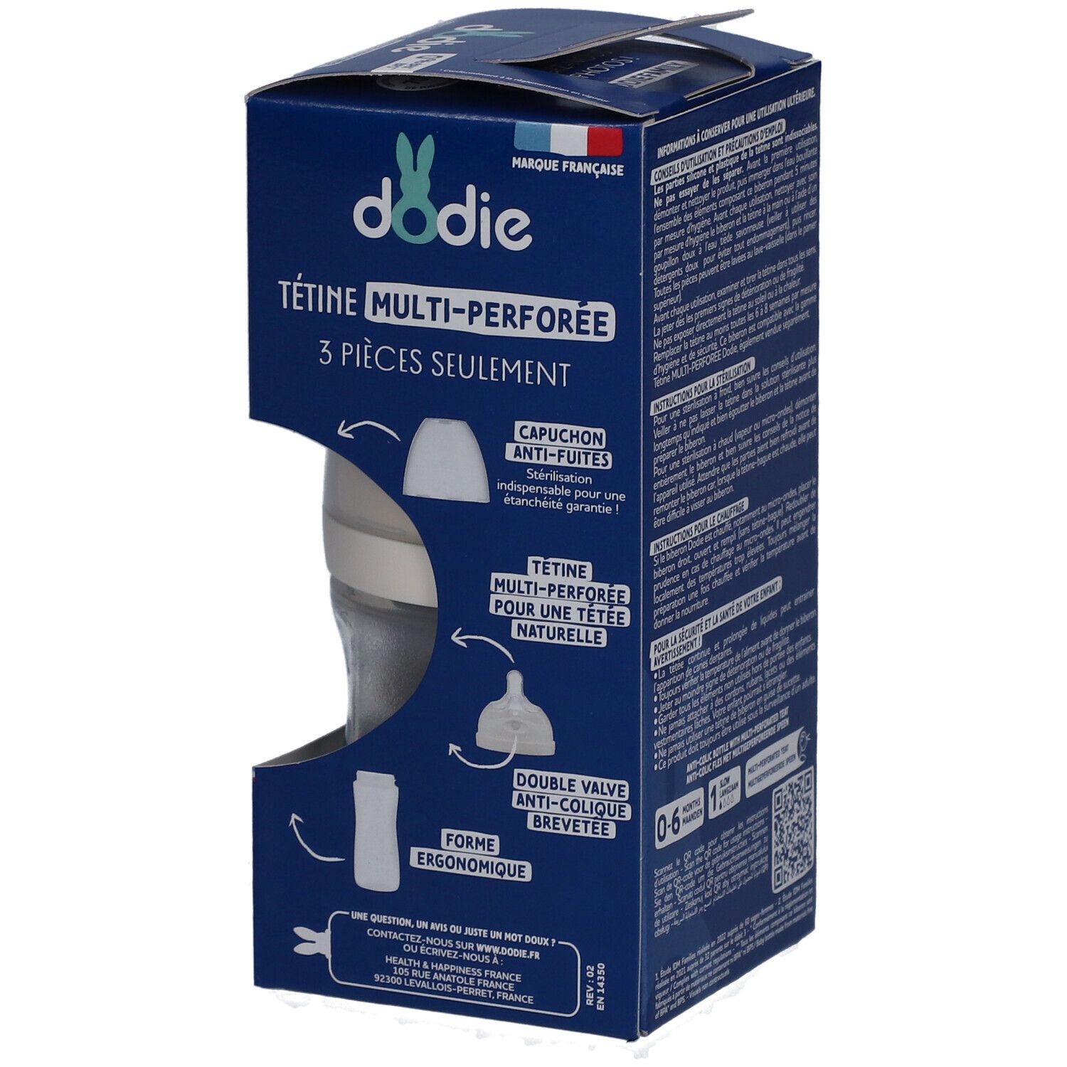 Dodie Babyflaschenverpackung mit Produktabbildung und Komponenten. Enthält Informationen zur Anti-Colic-Funktion.