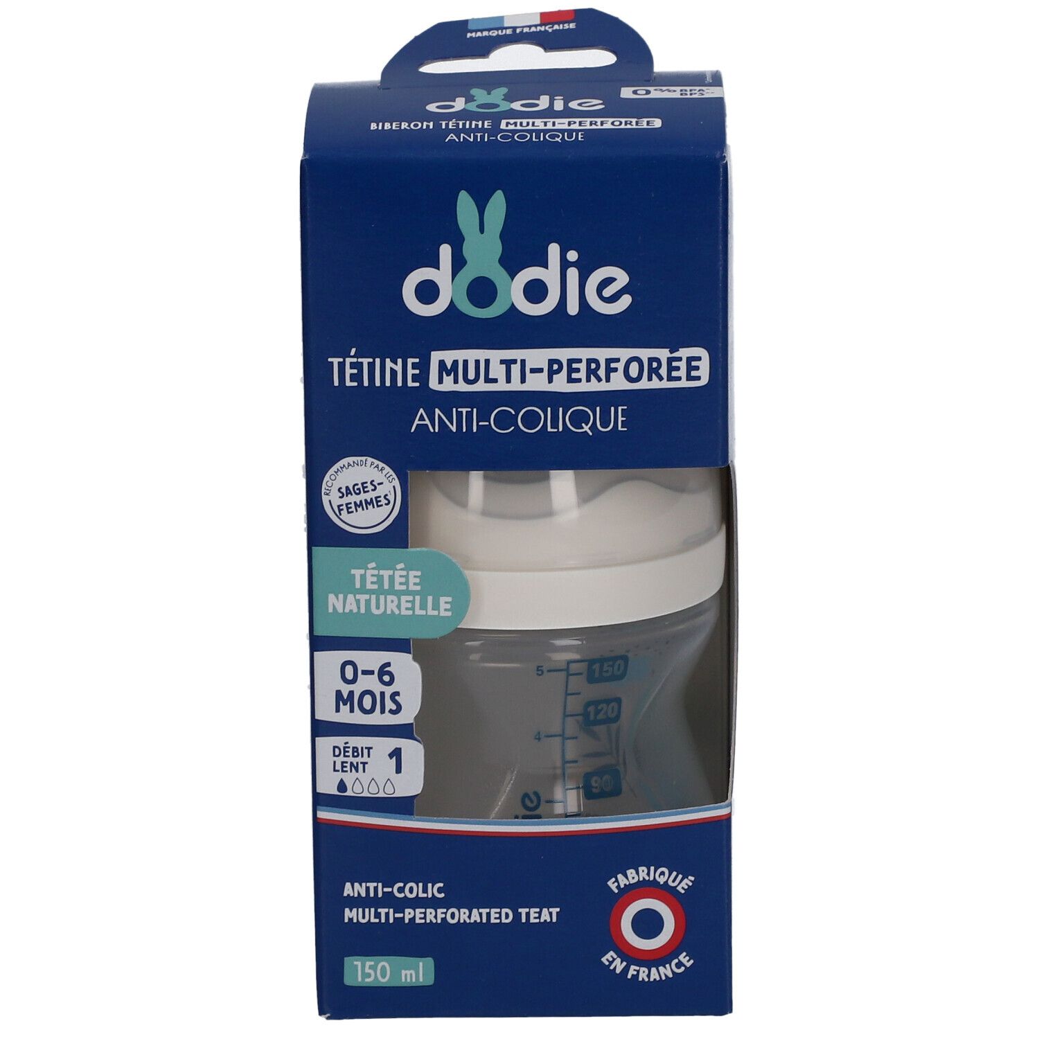 Babyflasche in blauer Verpackung. Zeigt die Flasche mit Sauger und Informationen zu Alter und Durchfluss.