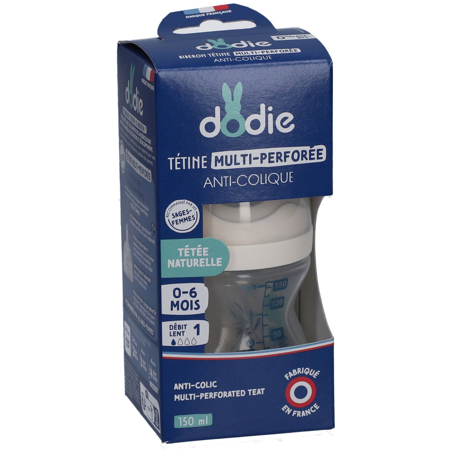 Dodie Babyflasche in blauer Verpackung. Zeigt die Flasche mit Sauger und Produktinformationen.