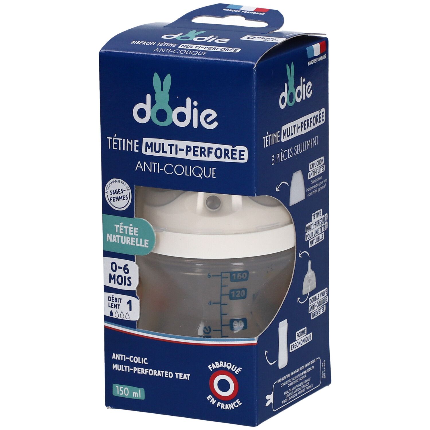 Biberon Dodie, tétine multi-perforée anti-colique, 150 ml. Boîte avec aperçu du produit. Caractéristiques visibles: graduation, tétine, corps du biberon.