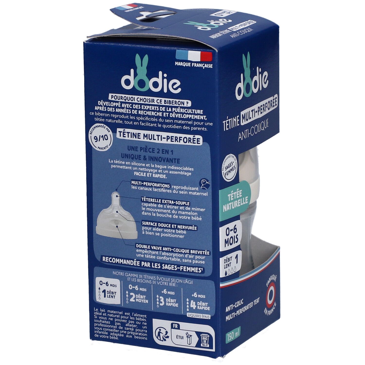 Dos de l'emballage Dodie. Texte: avantages de la tétine, pièce 2 en 1, multi-perforations, surface douce, valve anti-colique. Âge: 0-6 mois.