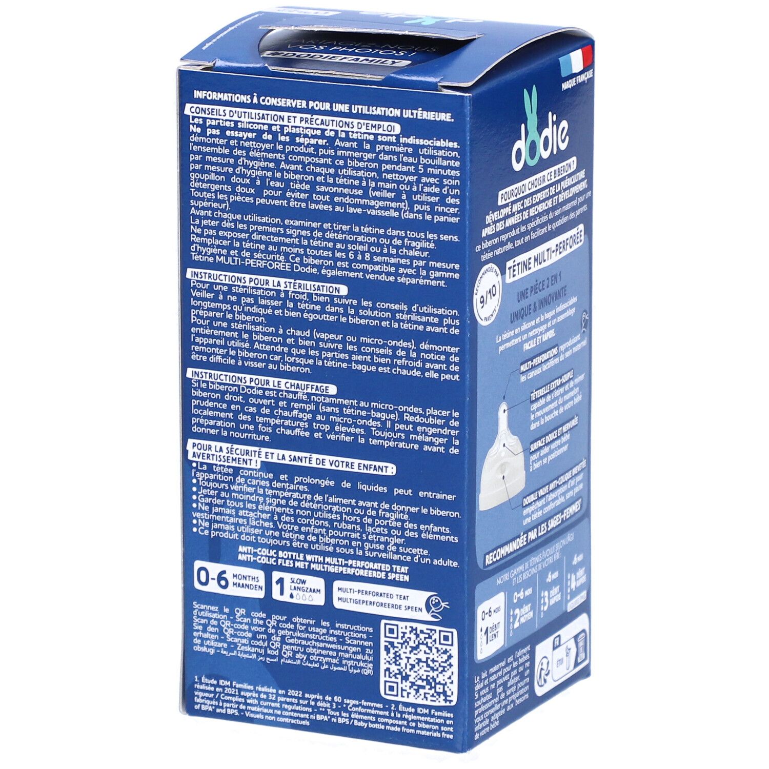Dos de l'emballage Dodie. Texte: instructions d'utilisation, précautions. Recommandation d'âge: 0-6 mois. Tétine multi-perforée. Fabriqué en France.
