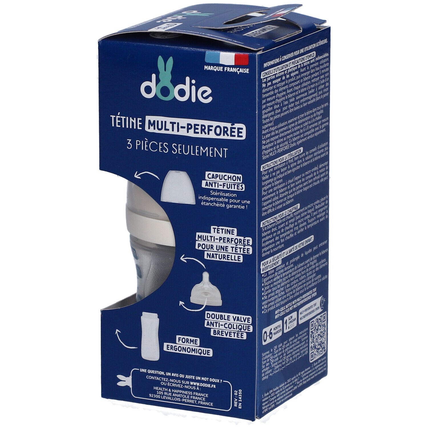 Emballage Dodie avec aperçu du produit. Pièces visibles: tétine, capuchon, corps du biberon. Texte: Multi-perforée, anti-colique, 3 pièces.