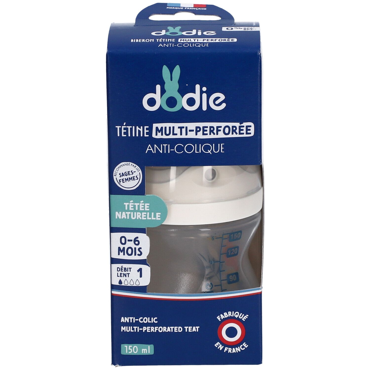 Biberon Dodie, tétine multi-perforée anti-colique, 150 ml. Emballage avec aperçu du produit. Âge recommandé: 0-6 mois. Graduation visible.