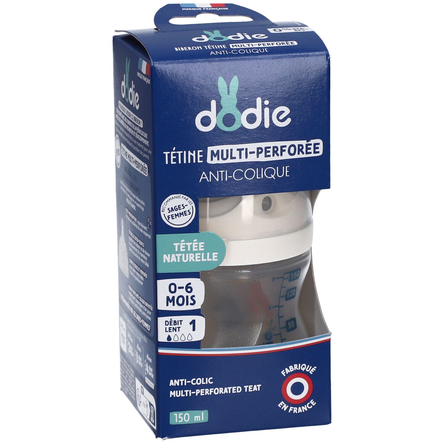 Biberon Dodie, tétine multi-perforée anti-colique, 150 ml. Emballage avec aperçu du produit. Âge recommandé: 0-6 mois. Fabriqué en France.