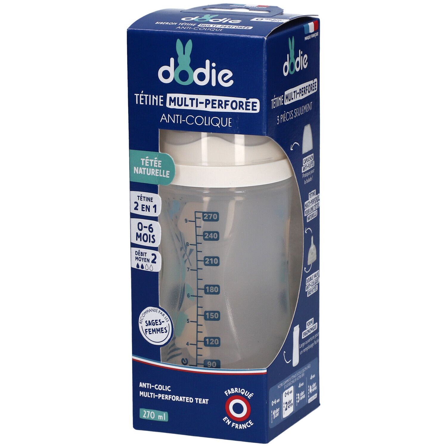 Biberon Dodie avec tétine multi-perforée. Emballage bleu, graduation en ml. Fabriqué en France. Anti-colique.
