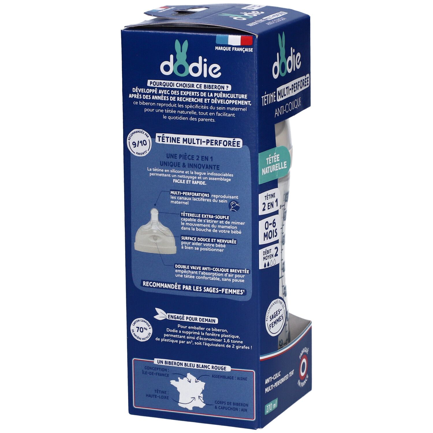 Boîte de biberon Dodie. Texte: Tétine multi-perforée anti-colique. Détails sur les caractéristiques et les avantages.