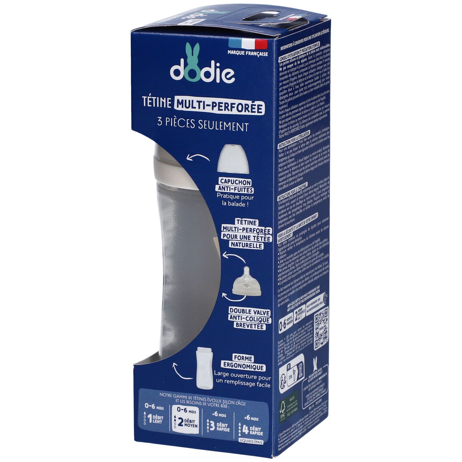 Biberon Dodie avec tétine multi-perforée. Composants: biberon, tétine, capuchon. Texte: Anti-colique.