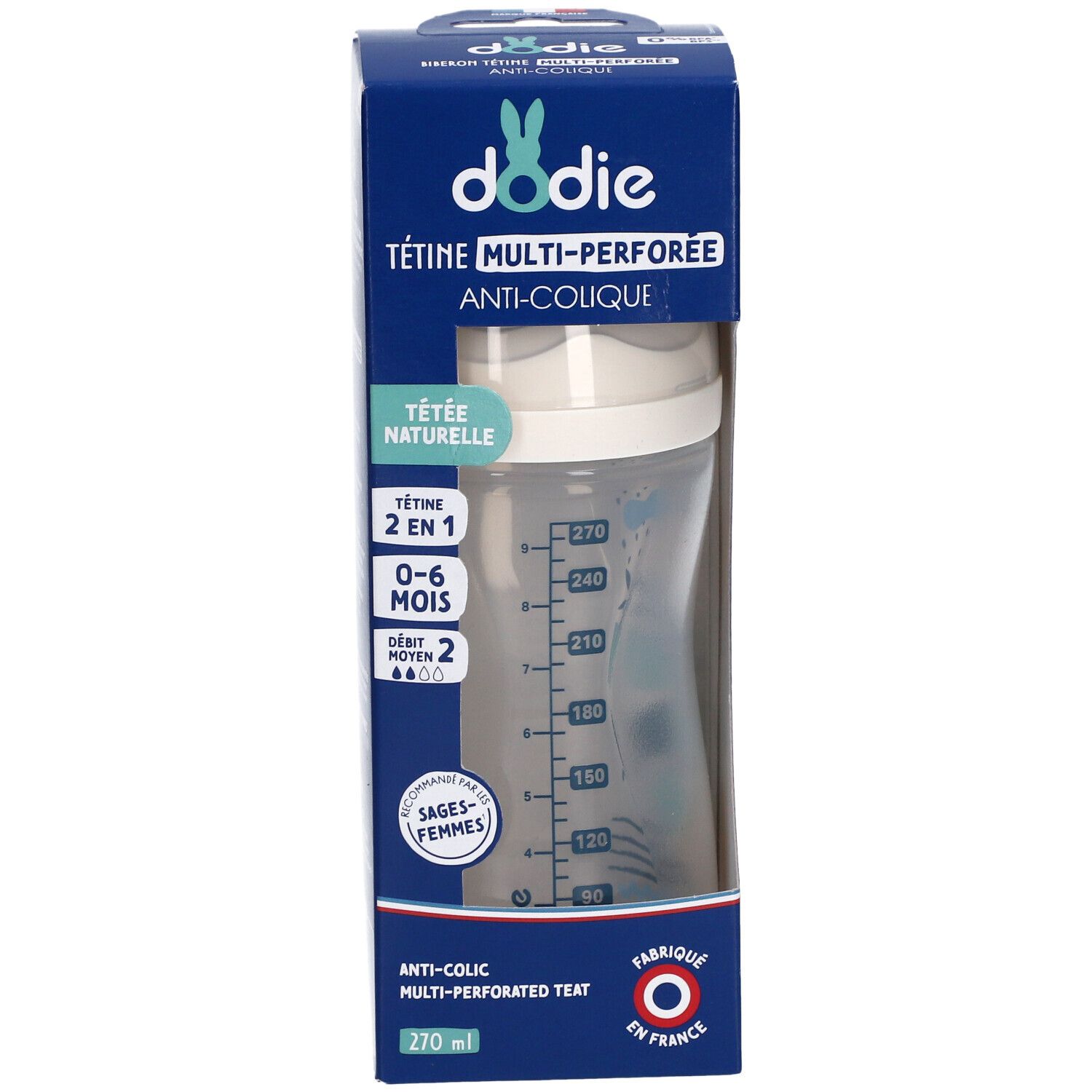 Biberon Dodie avec tétine multi-perforée et graduation bleue. Texte: 270 ml, 0-6 mois. Anti-colique.