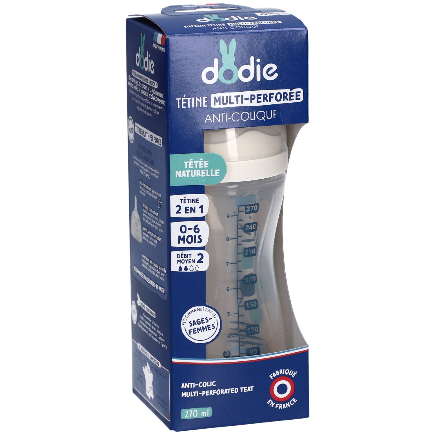 Biberon Dodie avec tétine multi-perforée et graduation bleue. Texte: 270 ml, 0-6 mois. Anti-colique.