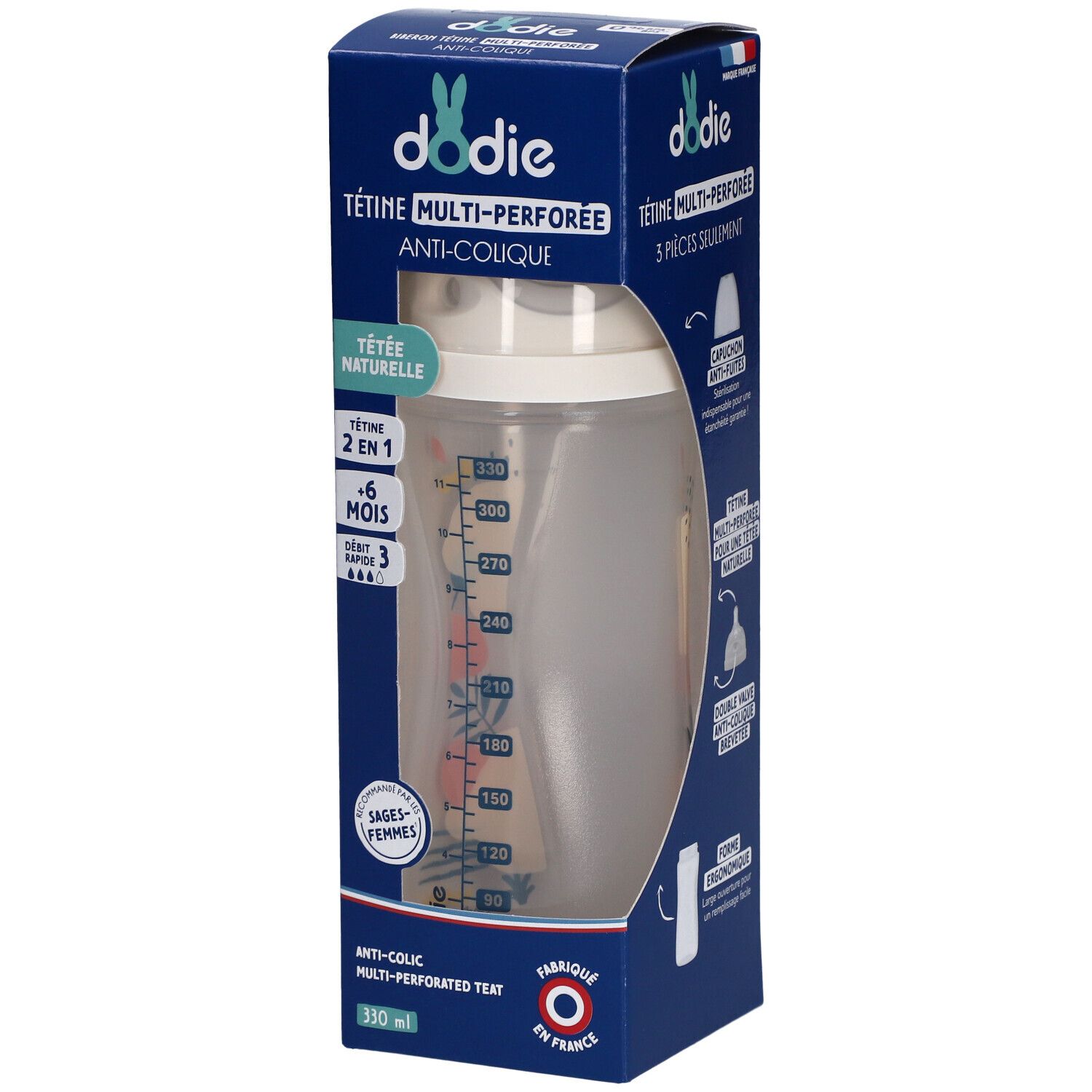 Biberon dans son emballage. Récipient transparent avec graduation. Bouchon et tétine. Boîte bleue avec informations produit.
