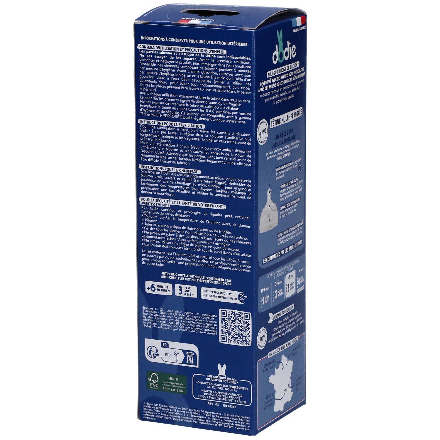 Boîte bleue avec informations produit. Vue arrière. Texte: Informations d'utilisation. Illustrations et texte sur le produit.