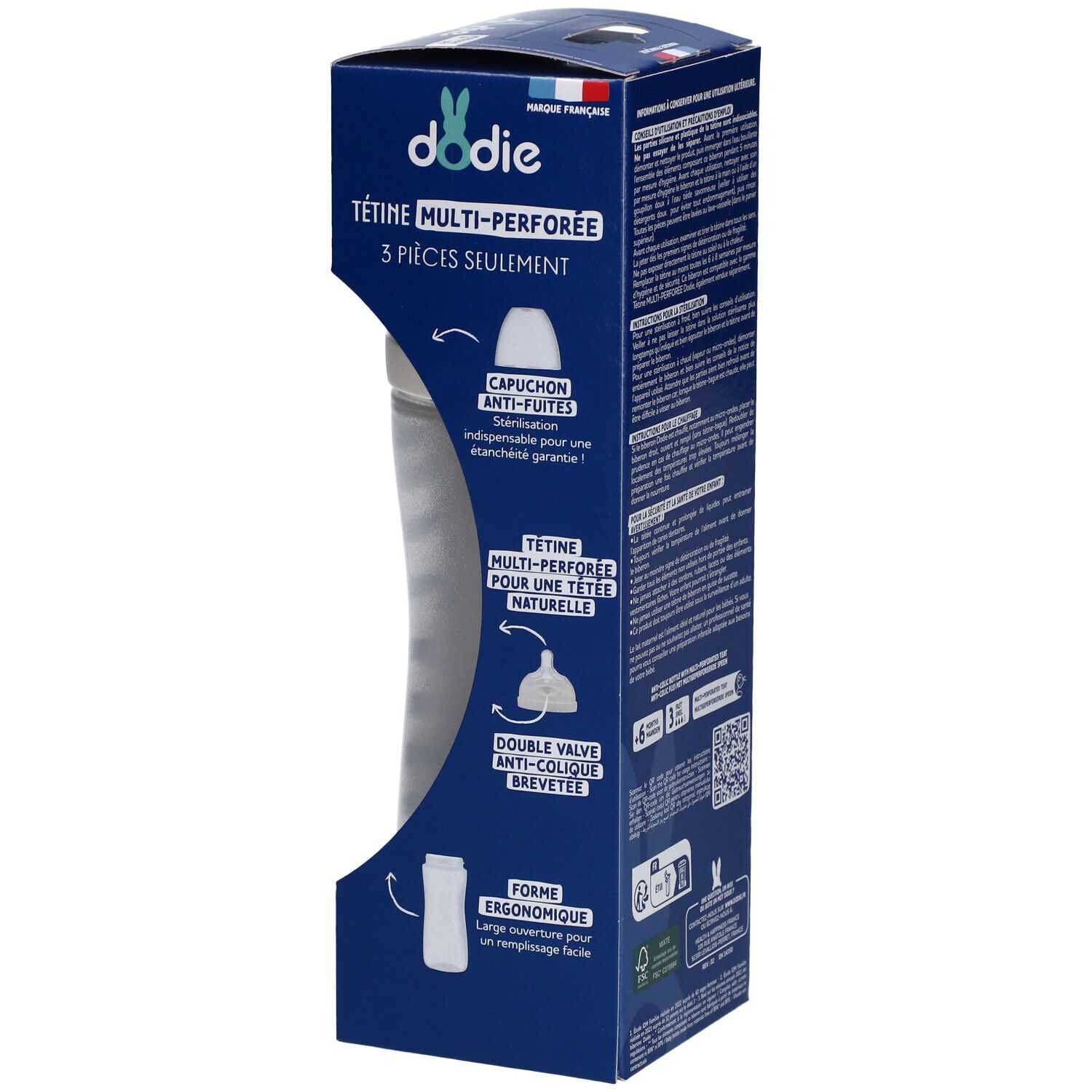 Boîte bleue avec informations produit. Vue latérale. Texte: Tétine Multi-Perforée. Illustrations des composants du produit.