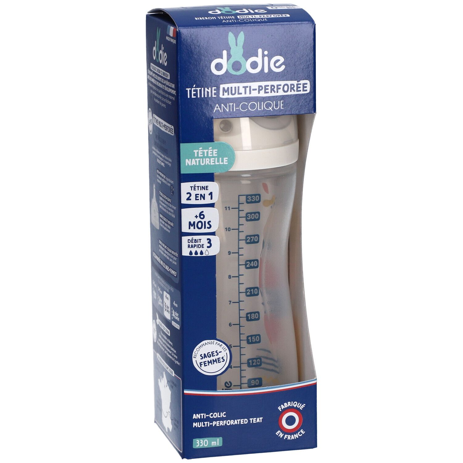 Biberon dans son emballage. Récipient transparent avec graduation. Bouchon et tétine. Boîte bleue avec informations produit.