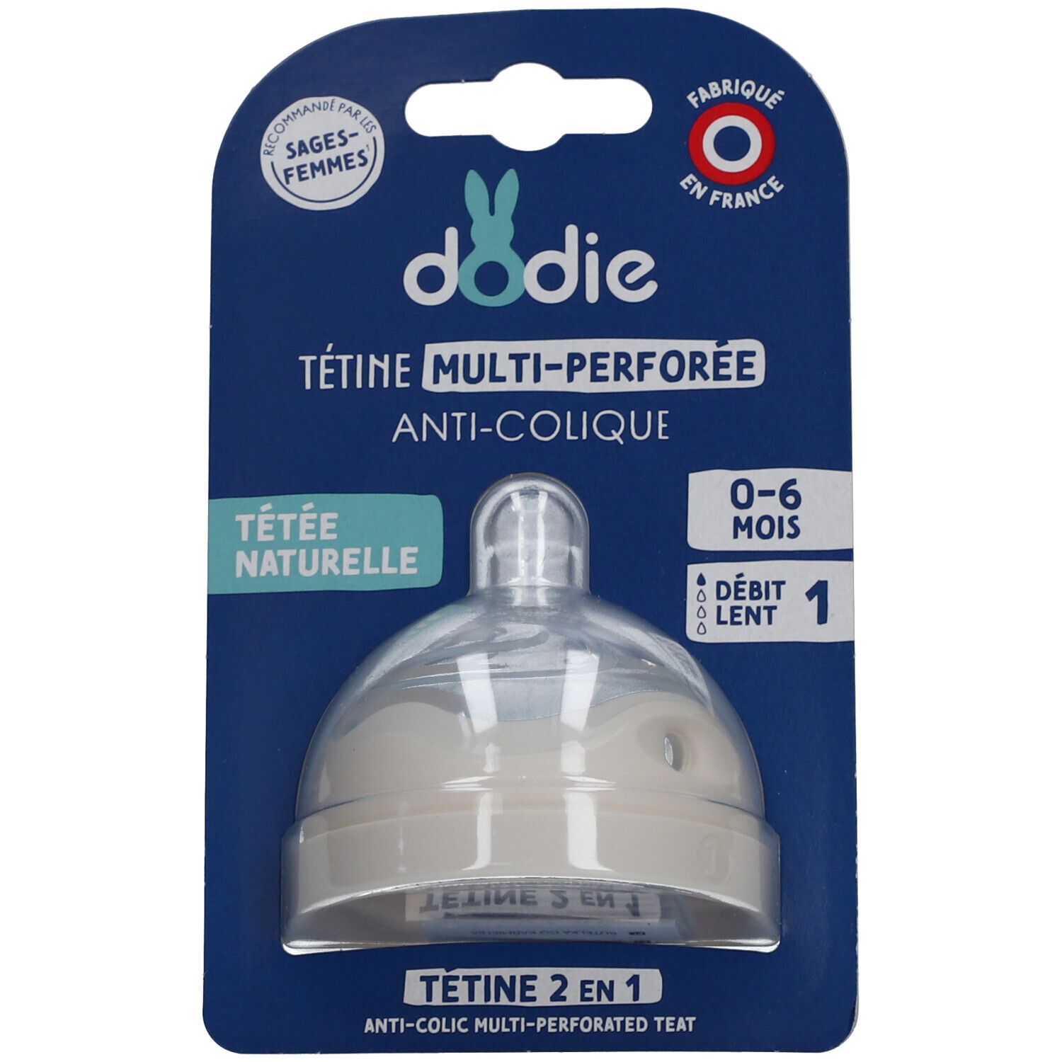 Tétine Dodie multi-perforée anti-colique, 0-6 mois, débit lent 1. Emballage blister.