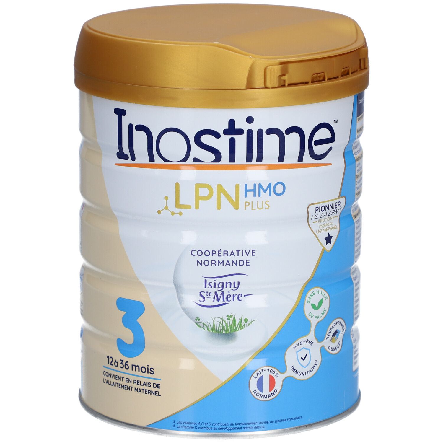 Boîte INOSTIME® LPN HMO Plus 3, 12-36 mois. Couvercle doré, étiquette bleu et blanc. Texte : Lait 100% Normand, Coopérative Normandie.