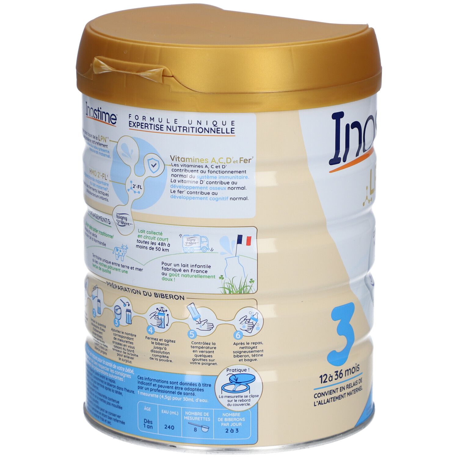 Dos de la boîte INOSTIME® LPN HMO Plus. Informations sur les ingrédients, la préparation et les valeurs nutritionnelles. Couvercle doré, étiquette bleue.