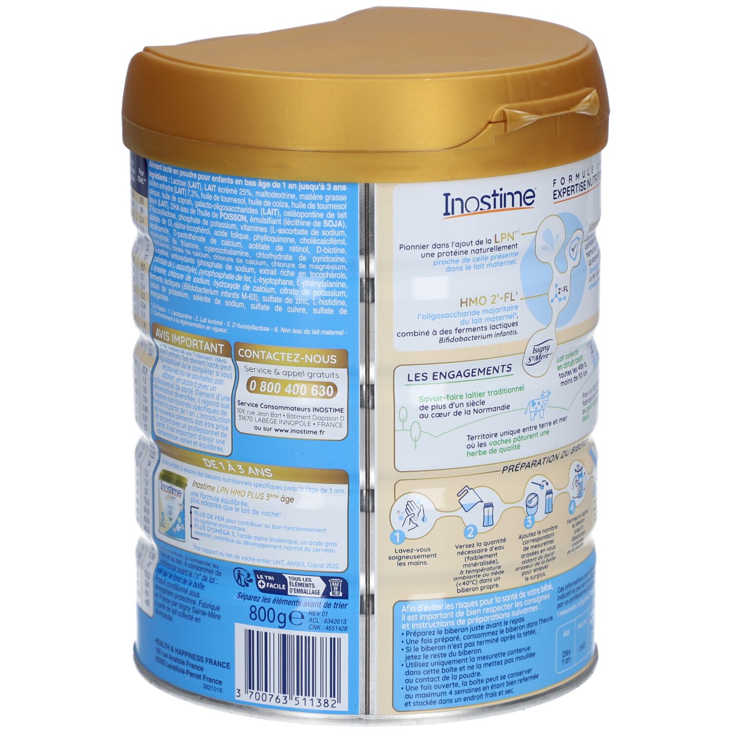 Dos de la boîte INOSTIME® LPN HMO Plus. Informations sur les ingrédients et les valeurs nutritionnelles. Couvercle doré, étiquette bleue, 800g.